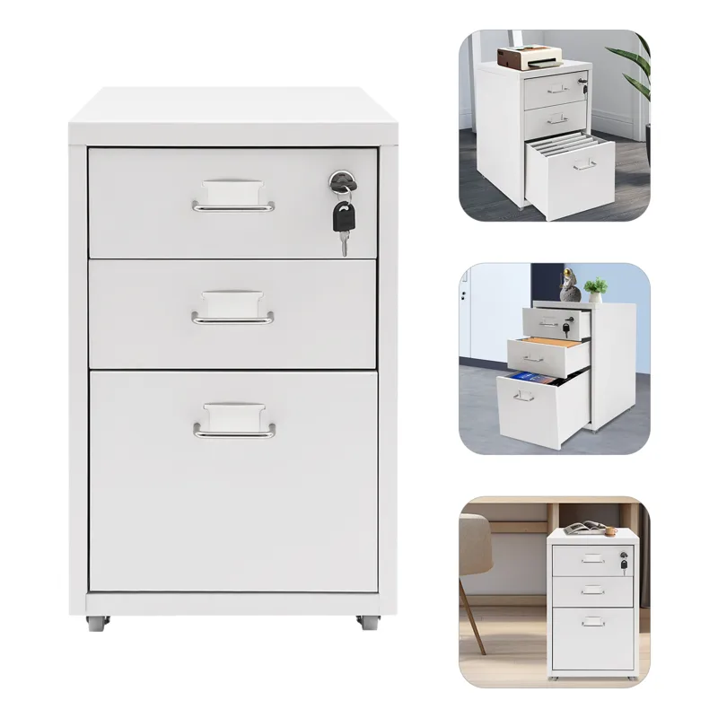 Rolling File Cart - 3-laags rechthoekige stalen verticale archiefkast, roze/wit/zwart