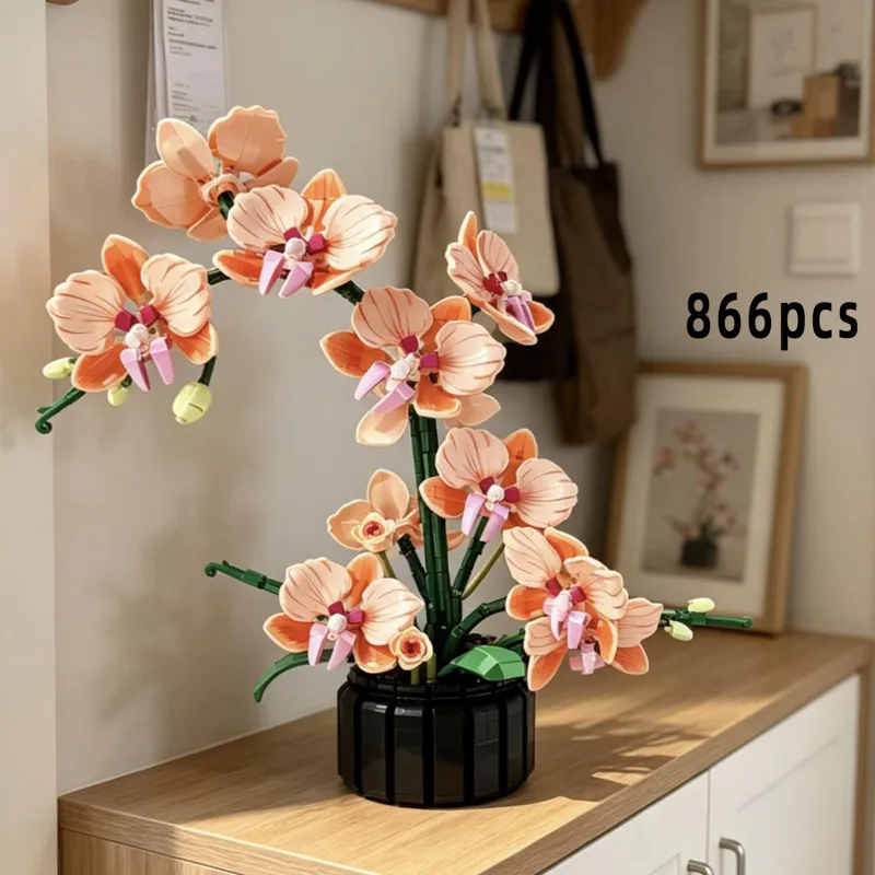 Home Office Building - Oranje Phalaenopsis Orchidee Bouwblokken Bloemenset, met